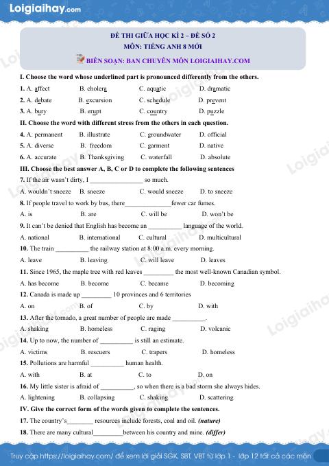 Đề số 2 - Đề kiểm tra giữa kì 2 - Tiếng Anh 8 mới